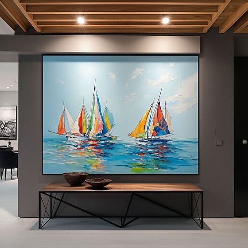 Handgemaltes abstraktes Landschaftsgemälde, Öl auf Leinwand, farbenfrohes Segelboot, moderne minimalistische Wanddekoration für Wohnzimmer, Eingangsbereich, Esszimmer Image