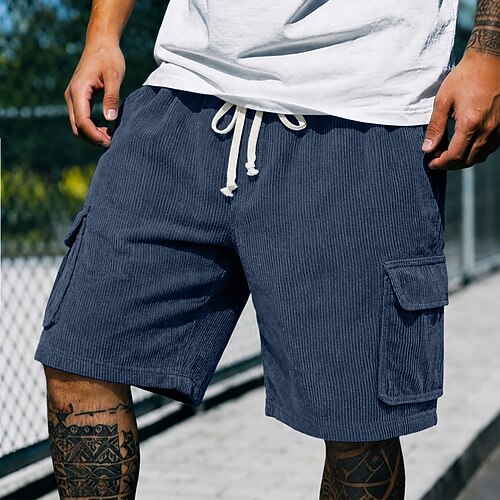 Herren Cargo-Shorts Shorts Freizeitshorts Cordshorts Tasche Elastischer Bund Einfarbig Einfach Komfort Atmungsaktiv Kurz Outdoor Urlaub Alltagskleidung Mode Streetwear Blau Khaki Unelastisch Image
