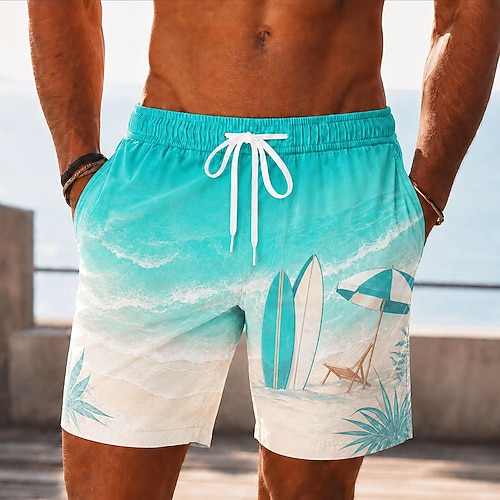 Herren Kokospalme Meereswellen Badehosen Badeanzüge Badeshorts Boardshorts Mittlere Taille Hawaiianisch Täglich Strandurlaub Seitentaschen Netzfutter Elastischer Kordelzug in der Taille Designer Image