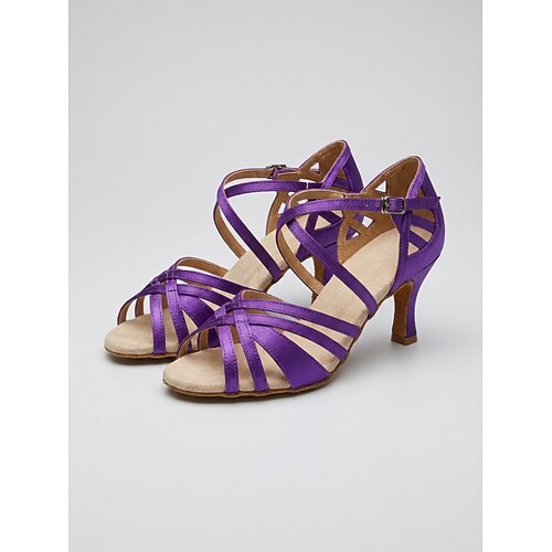 Lila Satin-Lateintanzschuhe für Damen – elegante Salsa-Schuhe mit gekreuztem Riemen und Schnalle Gekreuzte Gurte für Tanzübungen, Aufführungen, Partys gesellschaftliche Veranstaltungen Image