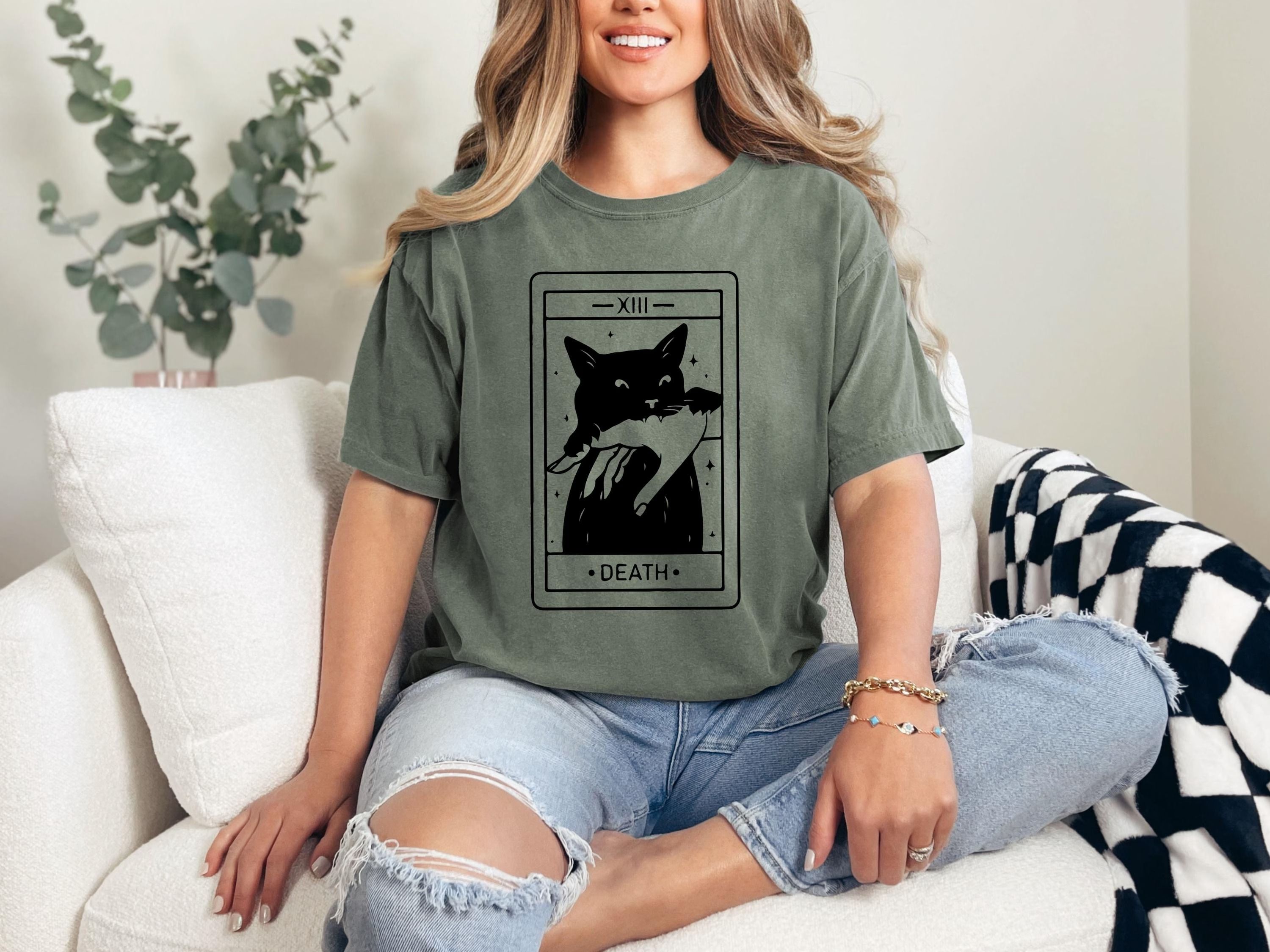 Black Cat Tarot Card Shirt Gothic Halloween Tee Witchy Cat Graphic T Shirt Spooky Season Alternative Fashion Top brown xl sweatshirt
