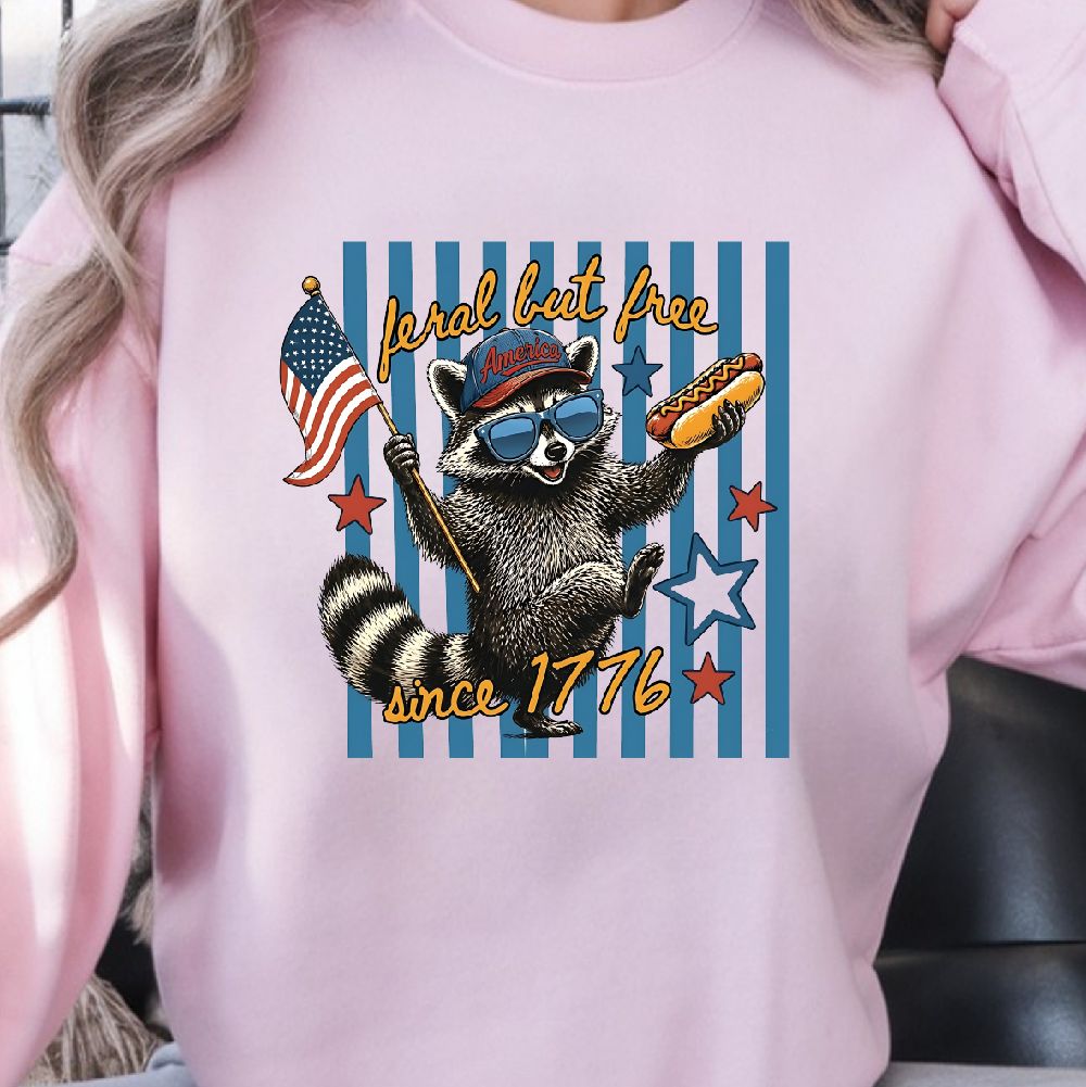 Feral But Free Raccoon 4th Of July Patriotic Independence Day T Shirt Design Red White Blue Funny Animal Graphic mauve l sweatshirt