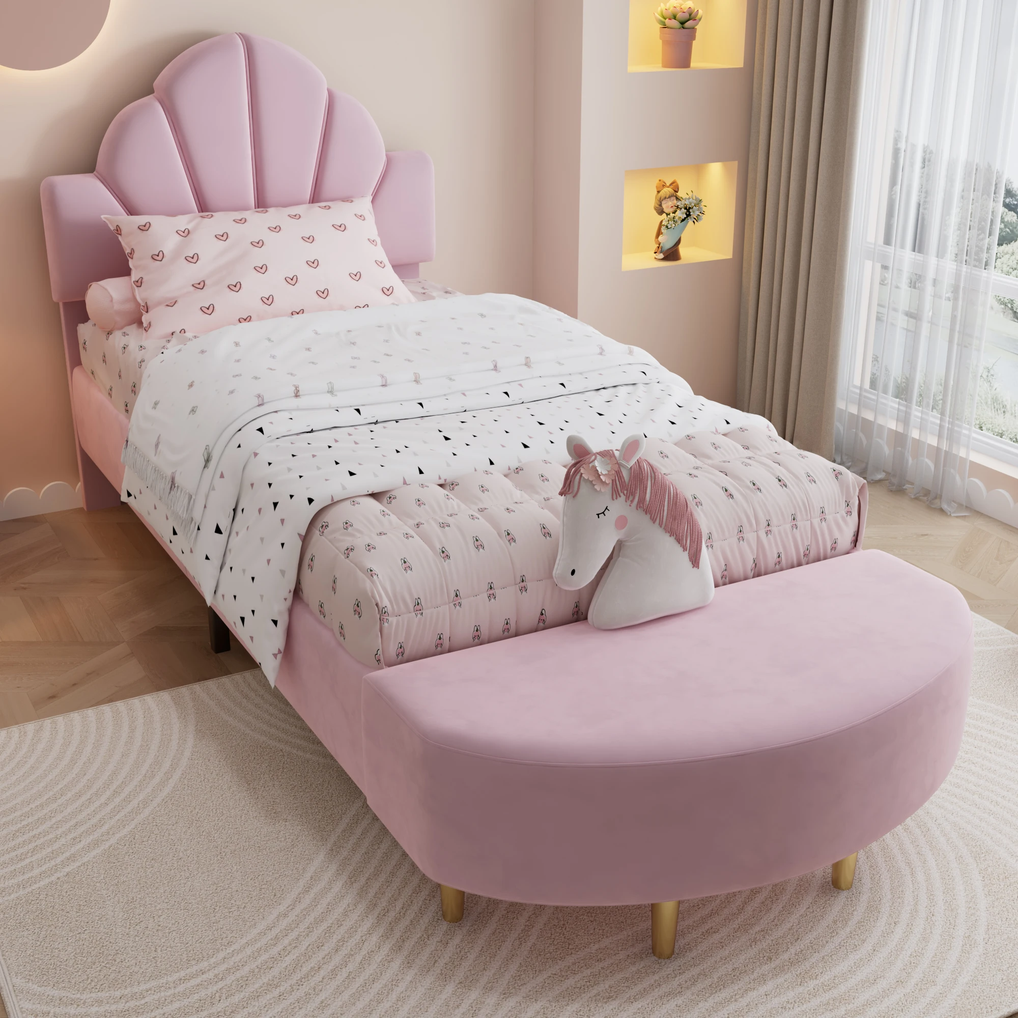 Einzelbett 90×200 cm, 1 Person - Samt-Kopfteil, passende Bank und stoßdämpfende Kanten - ohne Matratze - Rosa Image
