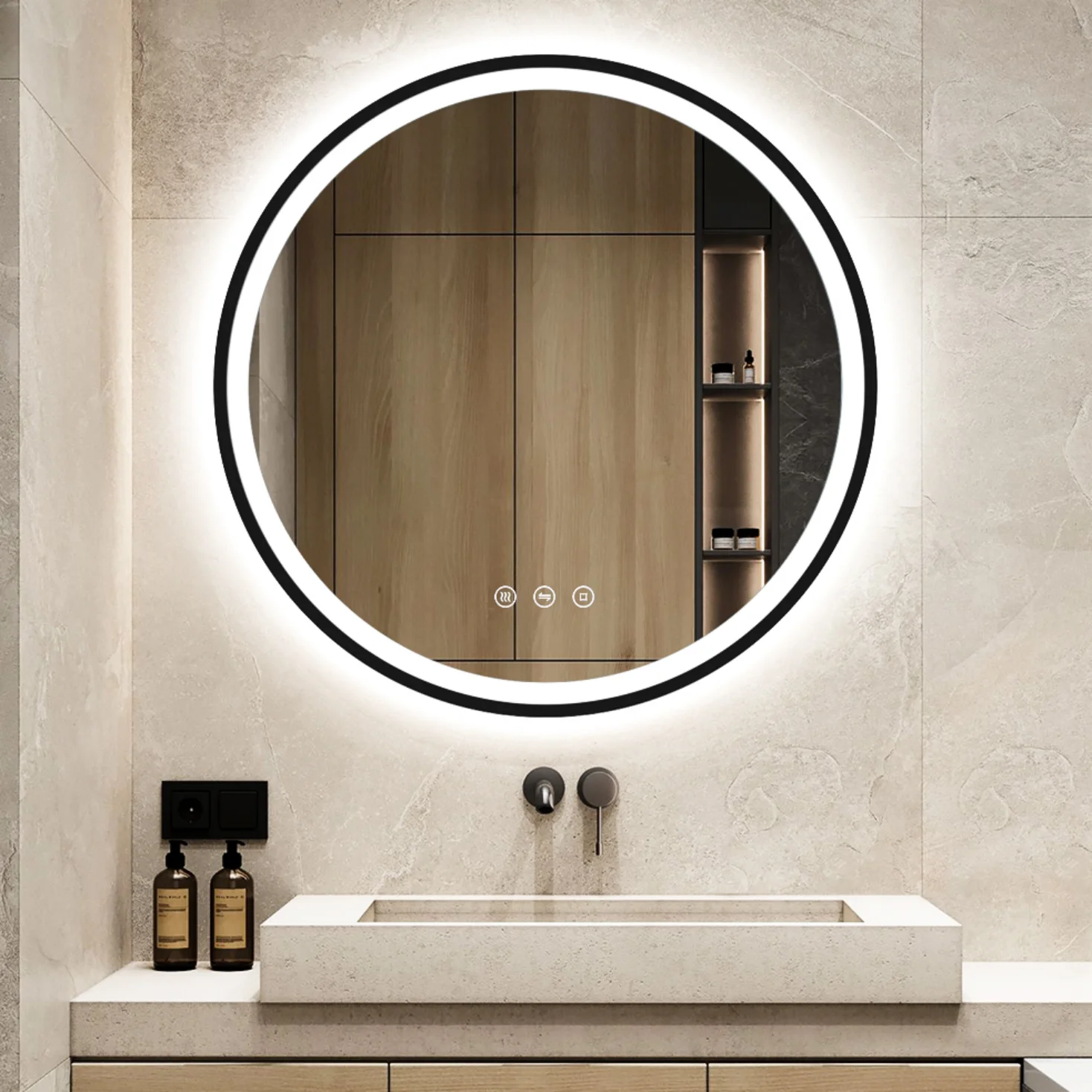 60cm Runder Badezimmerspiegel mit Beleuchtung, 3 einstellbare Lichtfarben (3000K/4000K/6500K), Touch‑Schalter, Antibeschlag Image