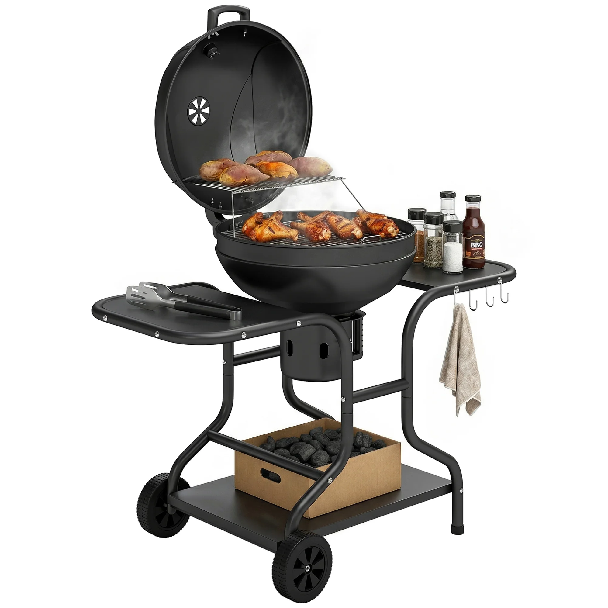 Runder Holzkohlegrill mit Deckel & Thermometer, 129x63,5x106,5cm, für den Außenbereich, Schwarz Image