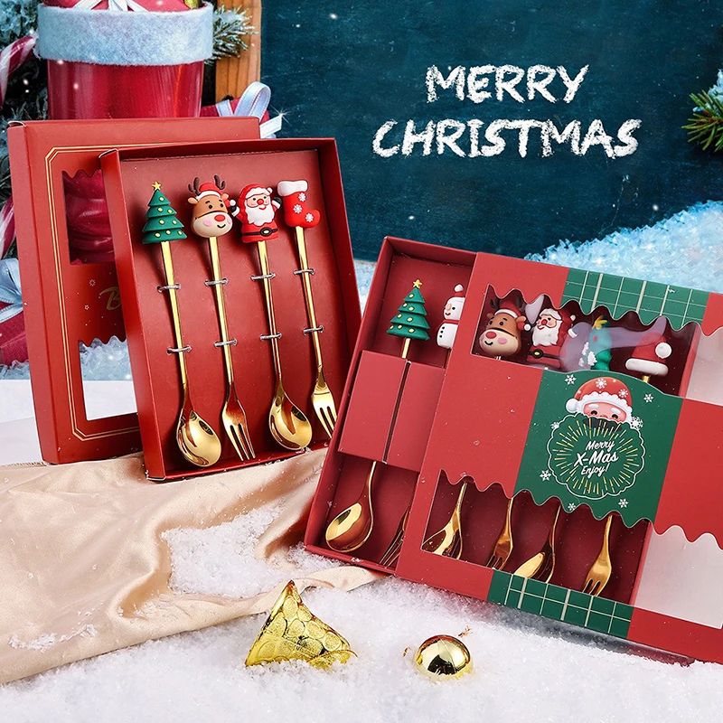 2/4/6PCS Weihnachten Löffel Gabel Kaffee Besteck Set Edelstahl Dessert Löffel Gabeln Weihnachten Geschenke elch Weihnachten Tisch Dekor Image