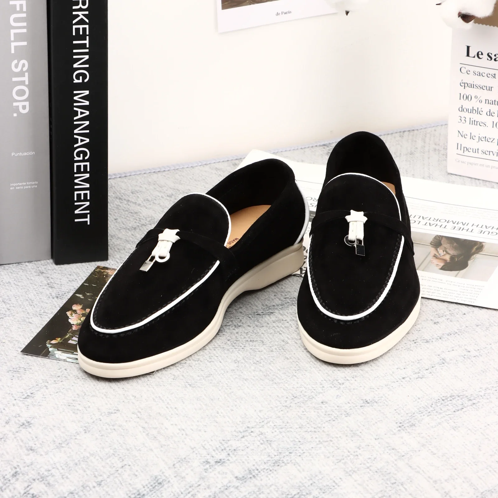 Damen-Loafer, flache Lederschuhe mit weißen Kanten, lässige Markenschuhe für Herren, luxuriöse Designer-Boutique-Schuhe