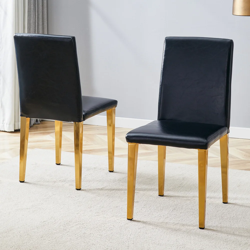 2er-Set minimalistische Esszimmerstühle im europäischen Leichtluxus-Stil in Schwarz-Gold: Schwarzes PU-Leder + glänzendes Gold.