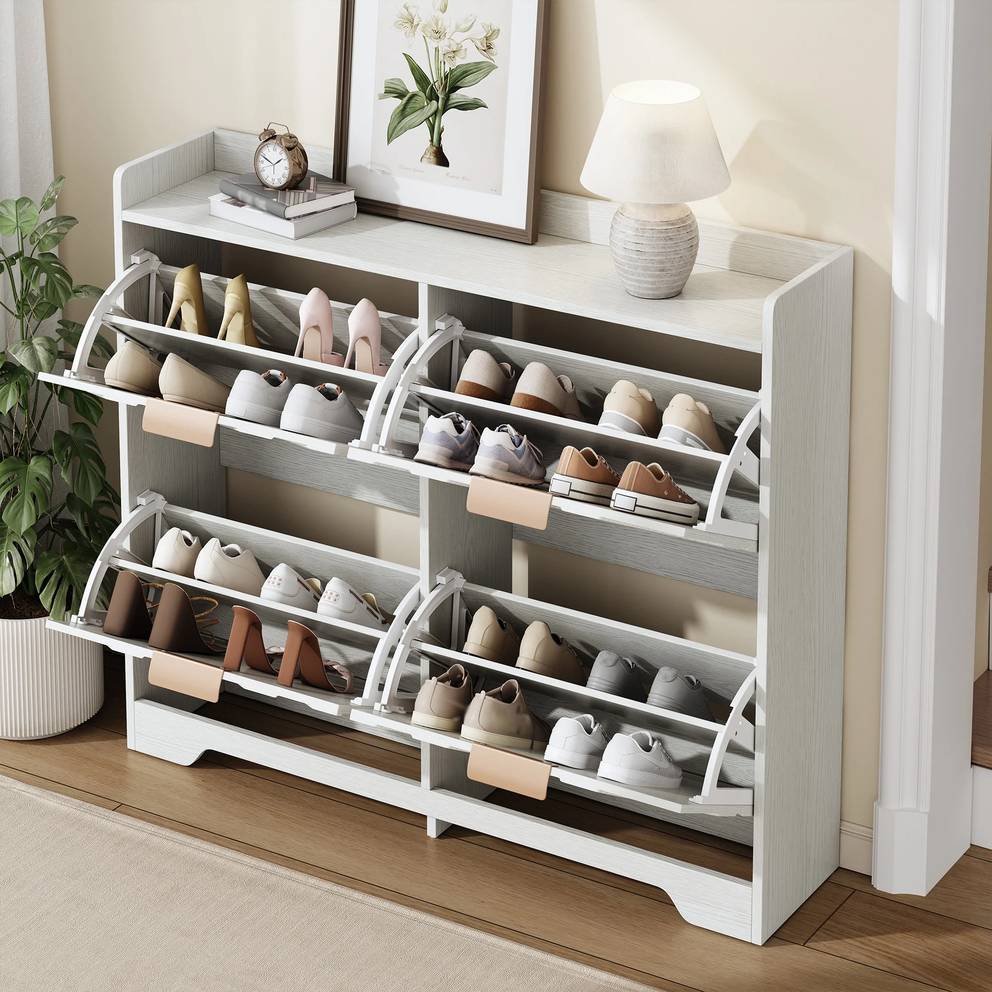 Schuhschrank mit 4 Türen, Relief-Fassade und oberer Ablage - für den Eingangsbereich - aus MDF - 105×24×90 cm - Weiß