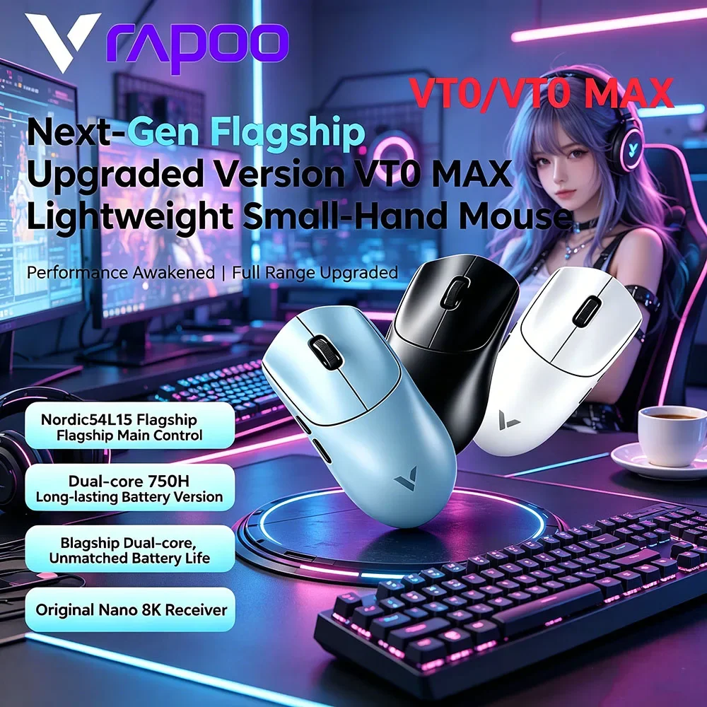 Elite Rapoo VT0 MAX Dual 8KHz Kabellose Maus, 45000DPI Ergonomische FPS-Gaming-Maus PAW3950 PAW3398 Nordic54L15 Chip Image
