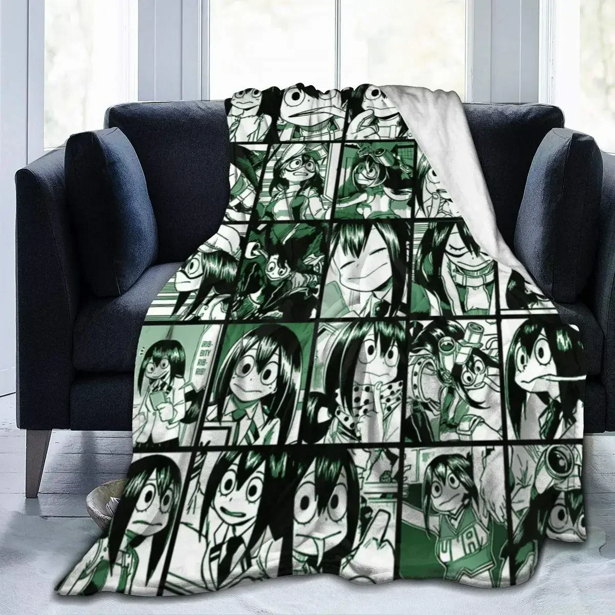My Hero Academia Tsuyu Asui Collage Überwurfdecke, warme, flauschige Überwürfe für Winterbettwäsche, individuell bedrucktes weiches Microfleece mit D-Aufdruck Image