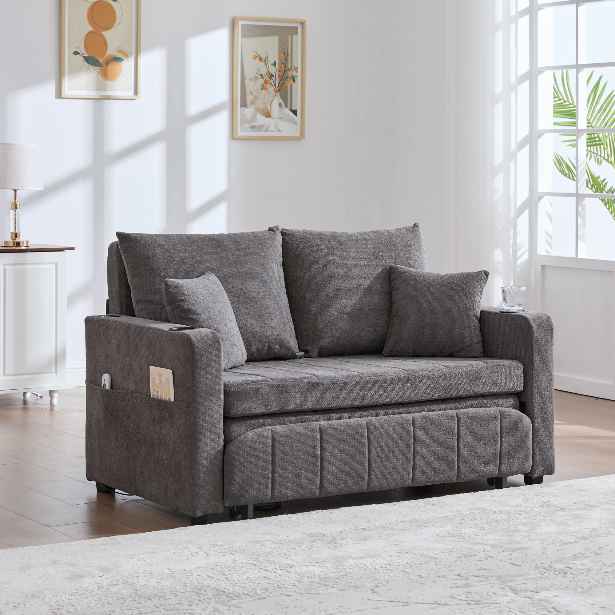 2-Sitzer-Schlafsofa – mit Bettfunktion, USB-Anschluss und Getränkehalter – mit Staufächern – aus Chenille – grau 139×83×58 cm