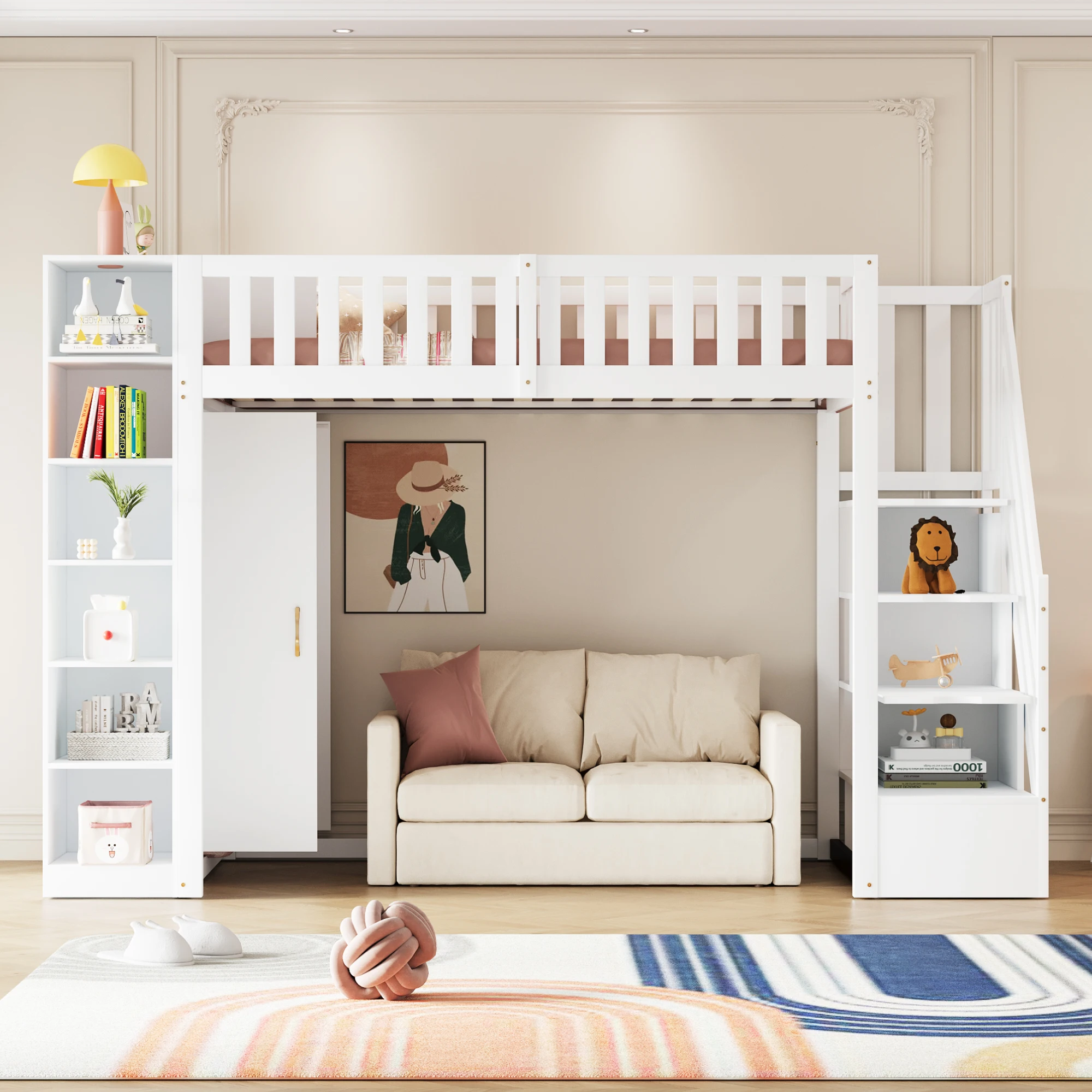 Hochbett 90x200 cm, Schrank & Regale, stabil, Kinderzimmer, platzsparend, Holz weiß, ohne Matratze Image