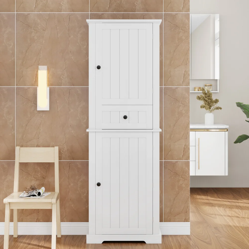 56×28×167,3 cm großer weißer Badezimmerschrank, feuchtigkeitsbeständig, mit Schublade, verstellbaren Böden und schwarzen Griffen
