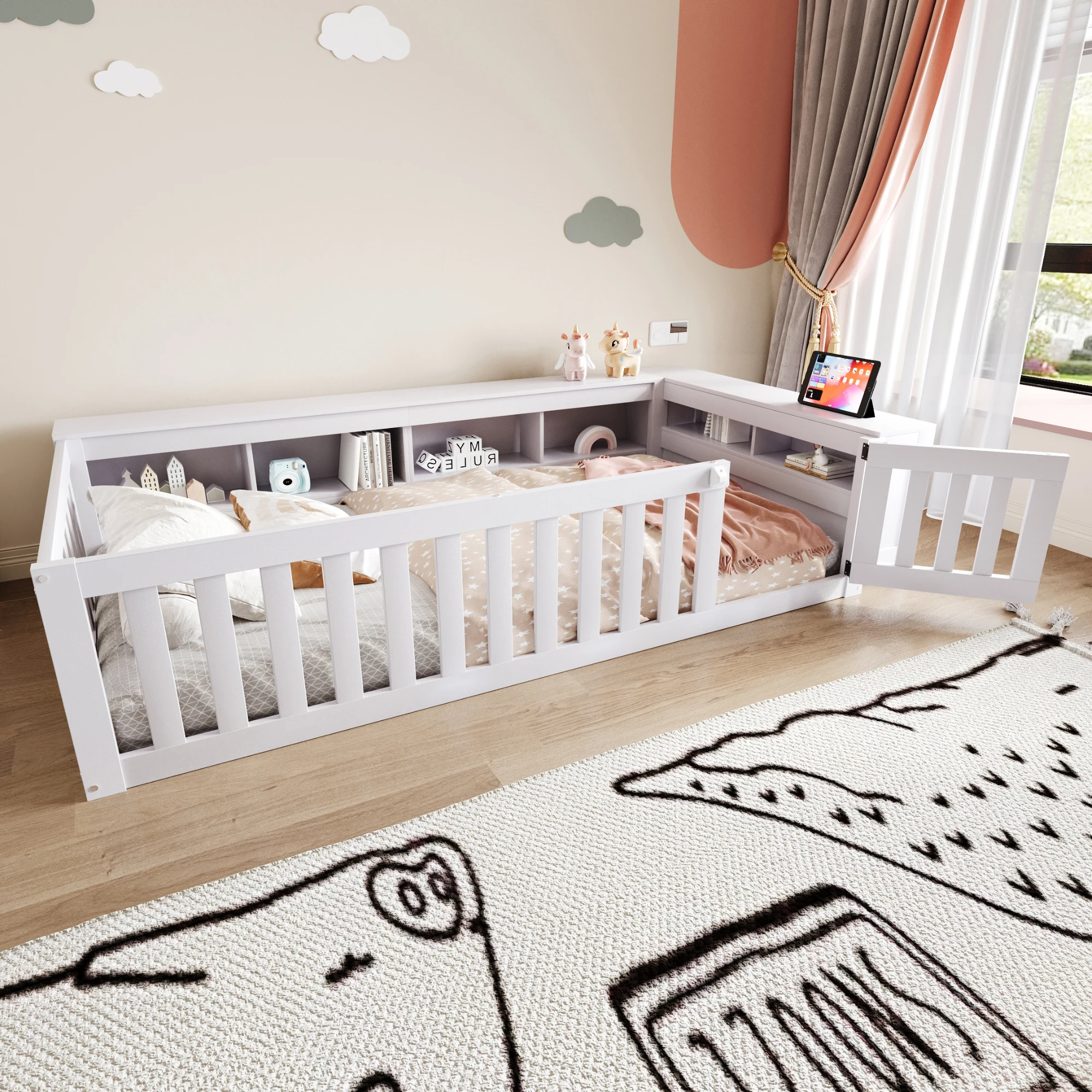 Kinderbett 90x200 cm, mit Stauraum und Rausfallschutz, stabile Struktur, für Kinderzimmer, platzsparend, weißes Holz, ohne Matratze Image