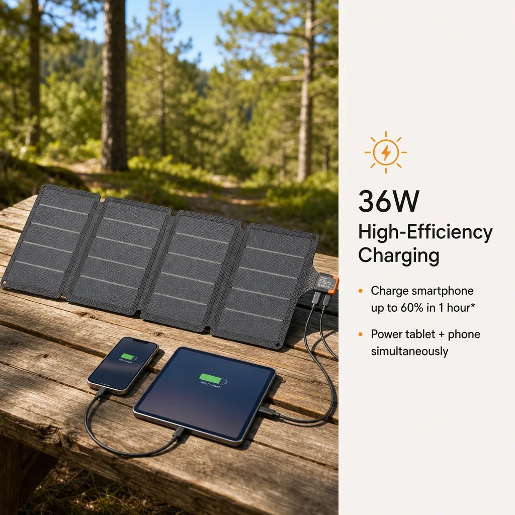 36W Faltbares Solarladegerät, Tragbares Solarpanel mit USB-A- und Typ-C-Anschlüssen, IP67 Wasserdicht, 89,8 x 27,9 x 1 cm, Grau