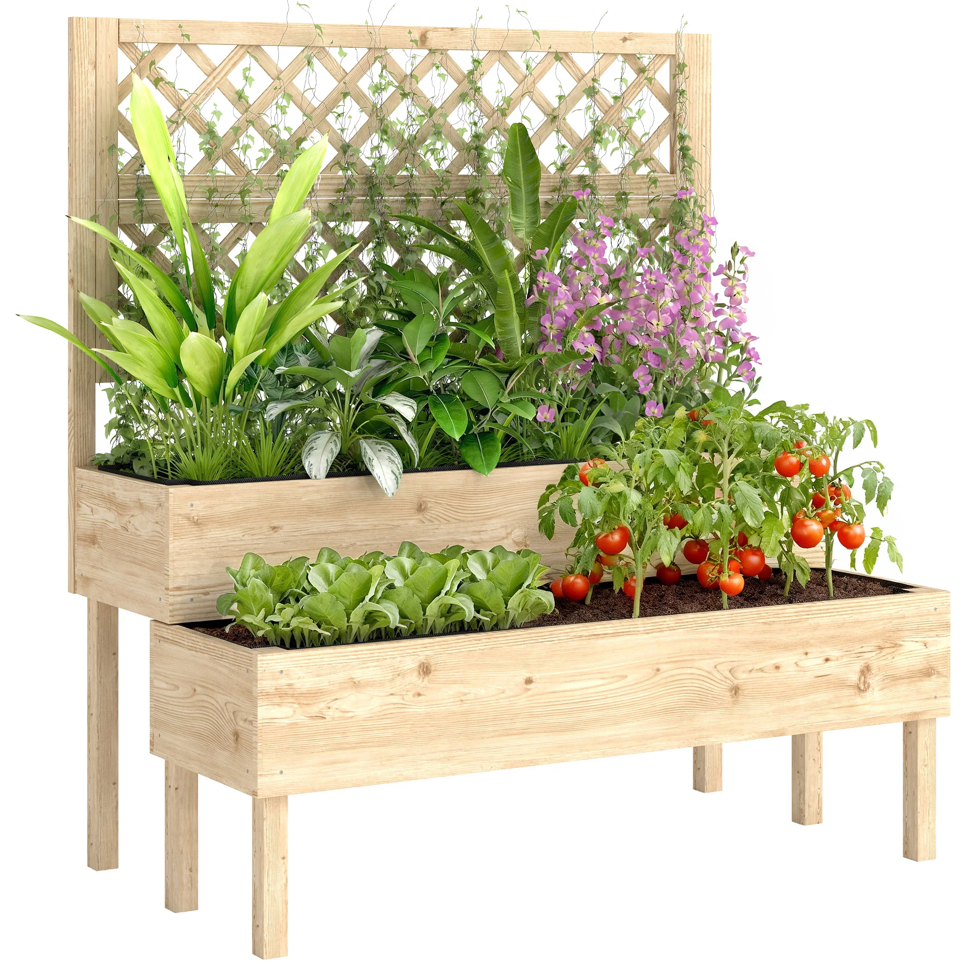 2-stöckiger Pflanzkasten mit Rankgitter, Blumenkasten, Vliesstoff, 108 x 62 x 120 cm, natürlicher Holzeffekt Image