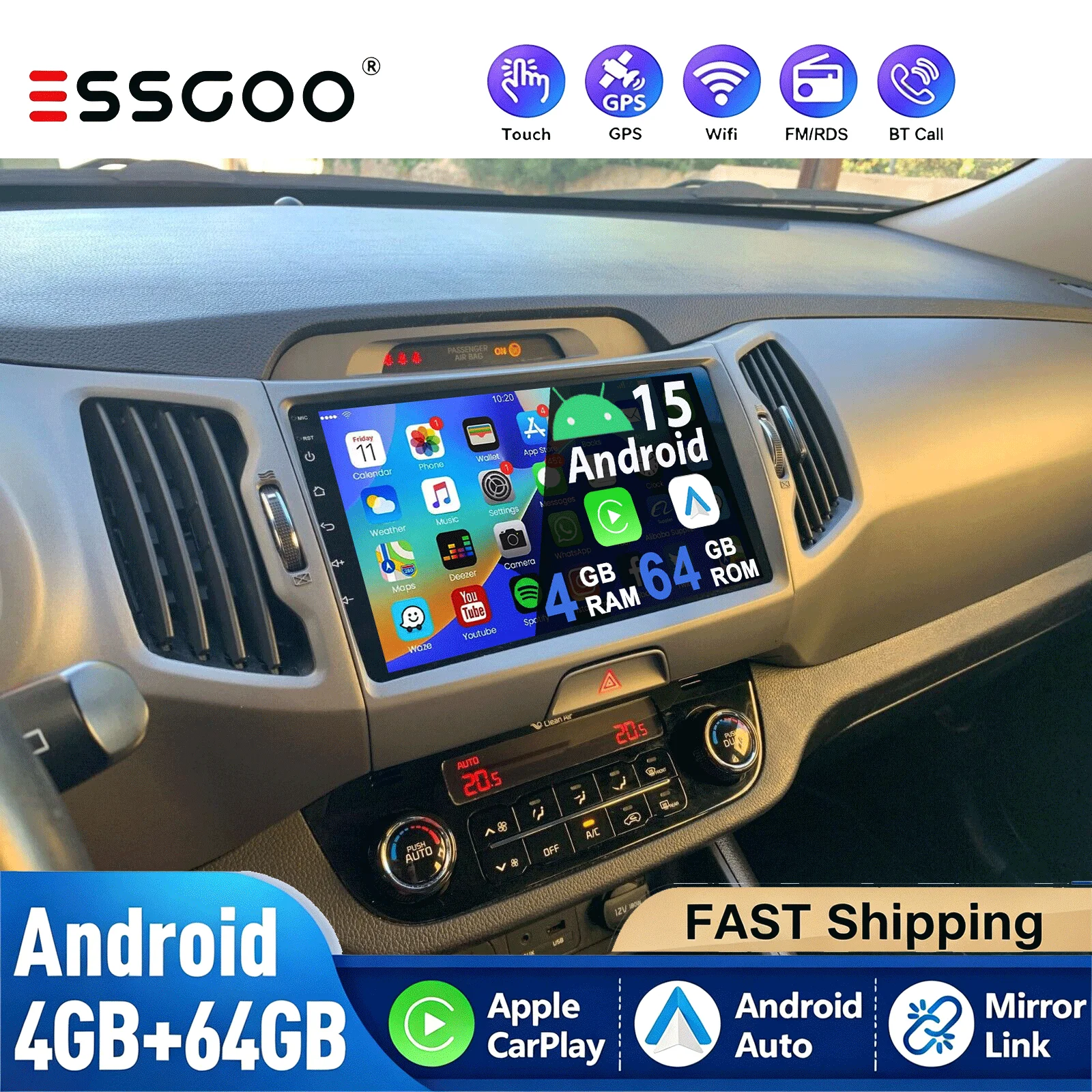ESSGOO 4+64G Für Kia Sportage R 3 SL 2010-2016 Kabelloses CarPlay Android Auto Radio Intelligentes System GPS NAVI WIFI RDS BT DAB+ Kamera Image