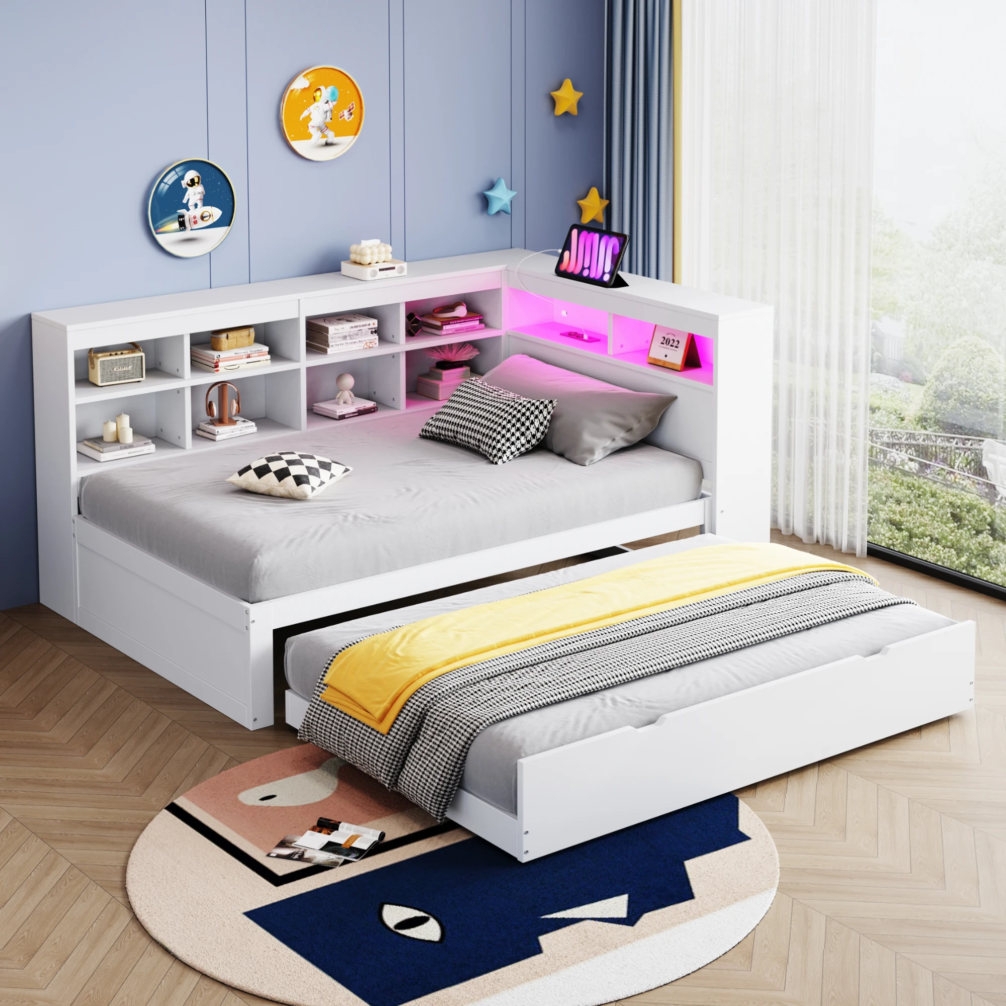 Ausziehbett 90x200 cm, USB & LED, stabil, Gästezimmer, platzsparend, Holz weiß, ohne Matratze Image