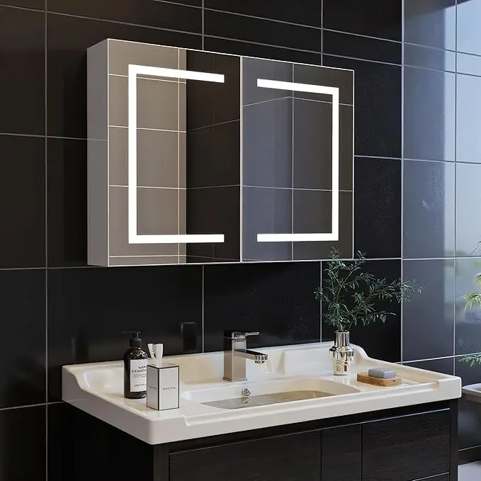 Rosahqnda Badezimmerspiegelschrank, LED - Spiegelschrank, höhenverstellbare Regale, 3 Farbtemperaturen dimmbar, Einzeltür/Doppeltür Image