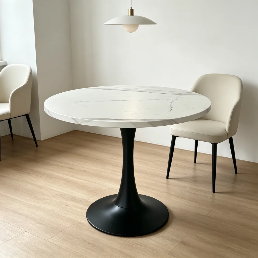 80cm Moderner Runder Esstisch für 2-4 Personen Kleiner Empfangstisch Weißes Marmormuster Holzplatte Schwarze Metallbasis Runder Küchentisch