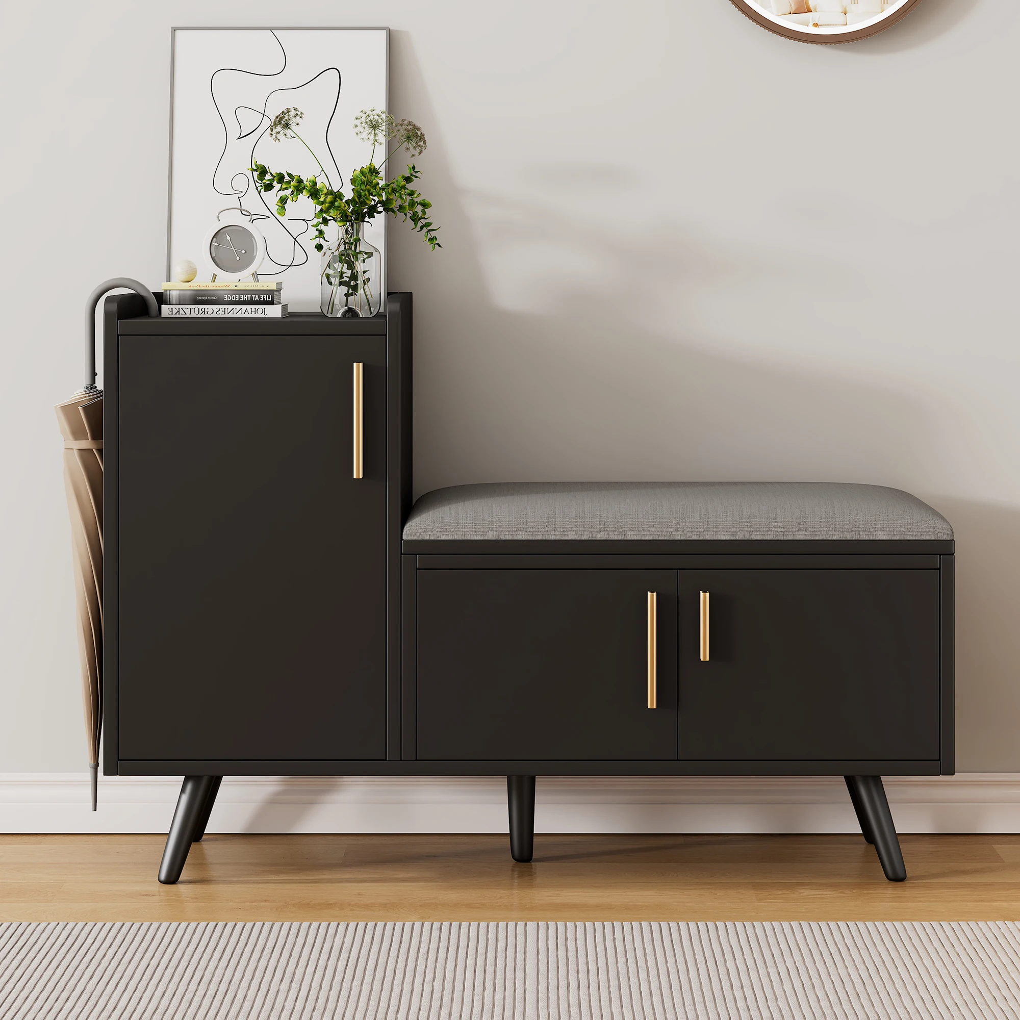 Schuhschrank mit 3 Türen, gepolstertem Sitz und verstellbaren Regalen – aus Paneelen gefertigt – 100×34×68,5 cm – Schwarz Image