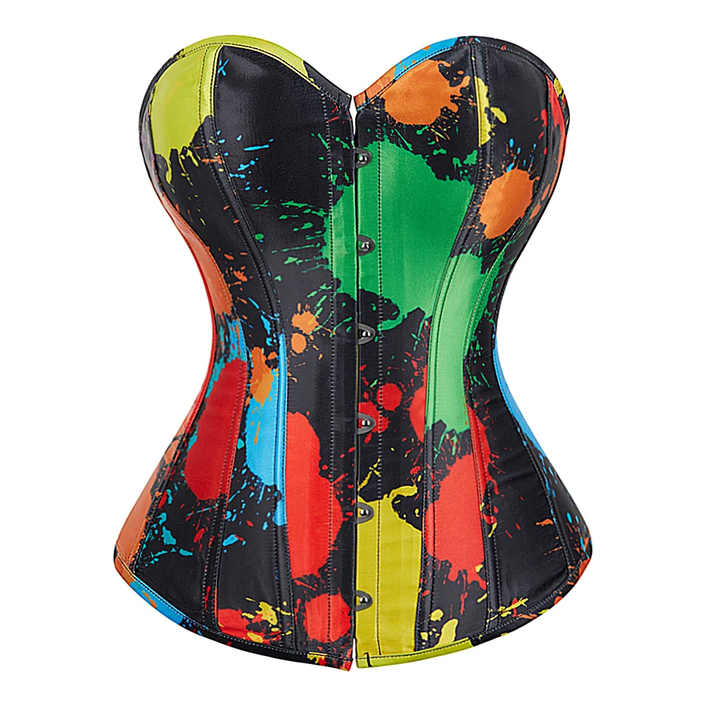 Bunte Sexy Frauen Korsetts Top Bustier Overbust Druck Graffiti Farbe Passenden Dessous Vintage Plus Größe Burlesque Kostüm