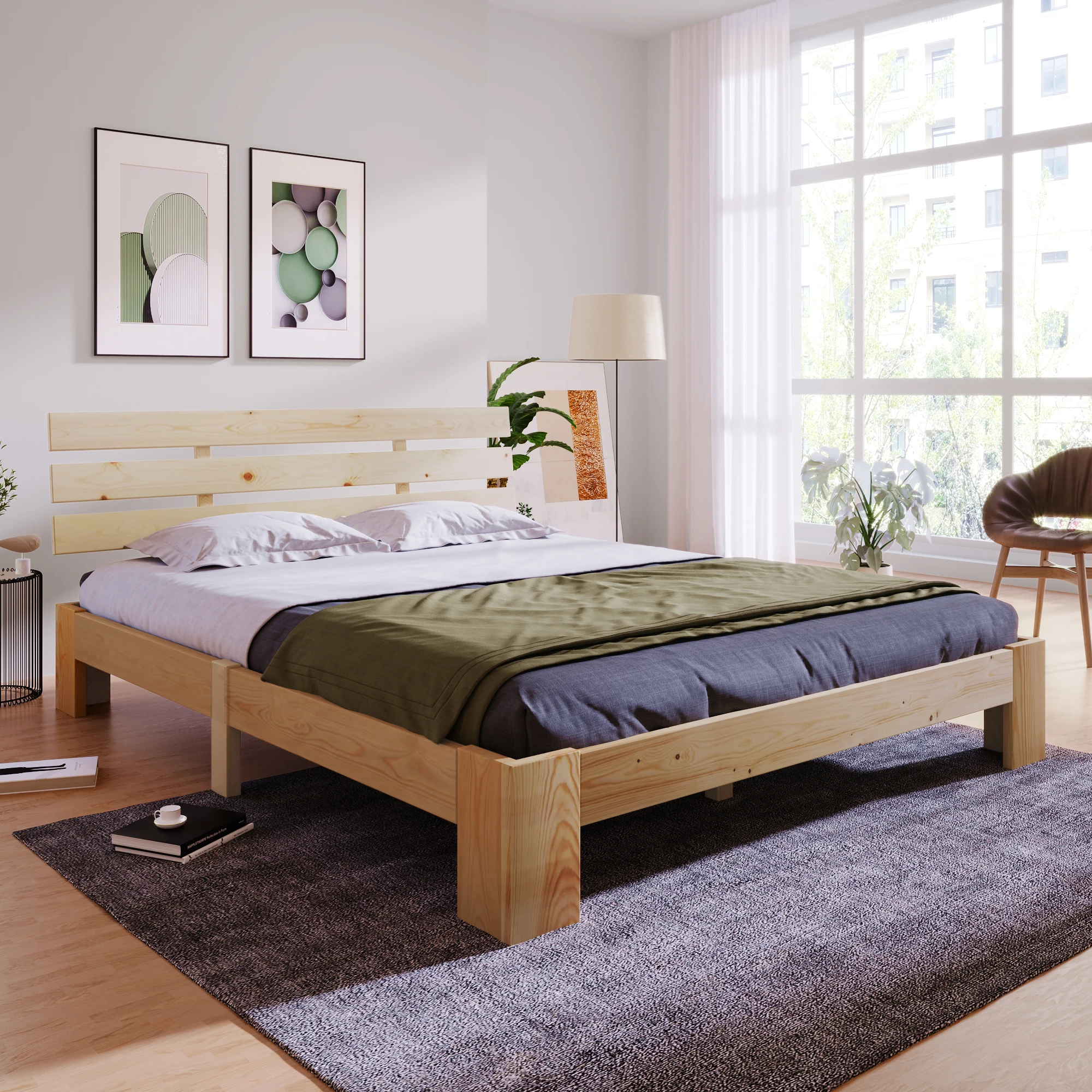 Erwachsenenbett 140×200 cm, Doppelbett mit rustikalem Design und Stauraum unter Bett, Massivholz Natur Image