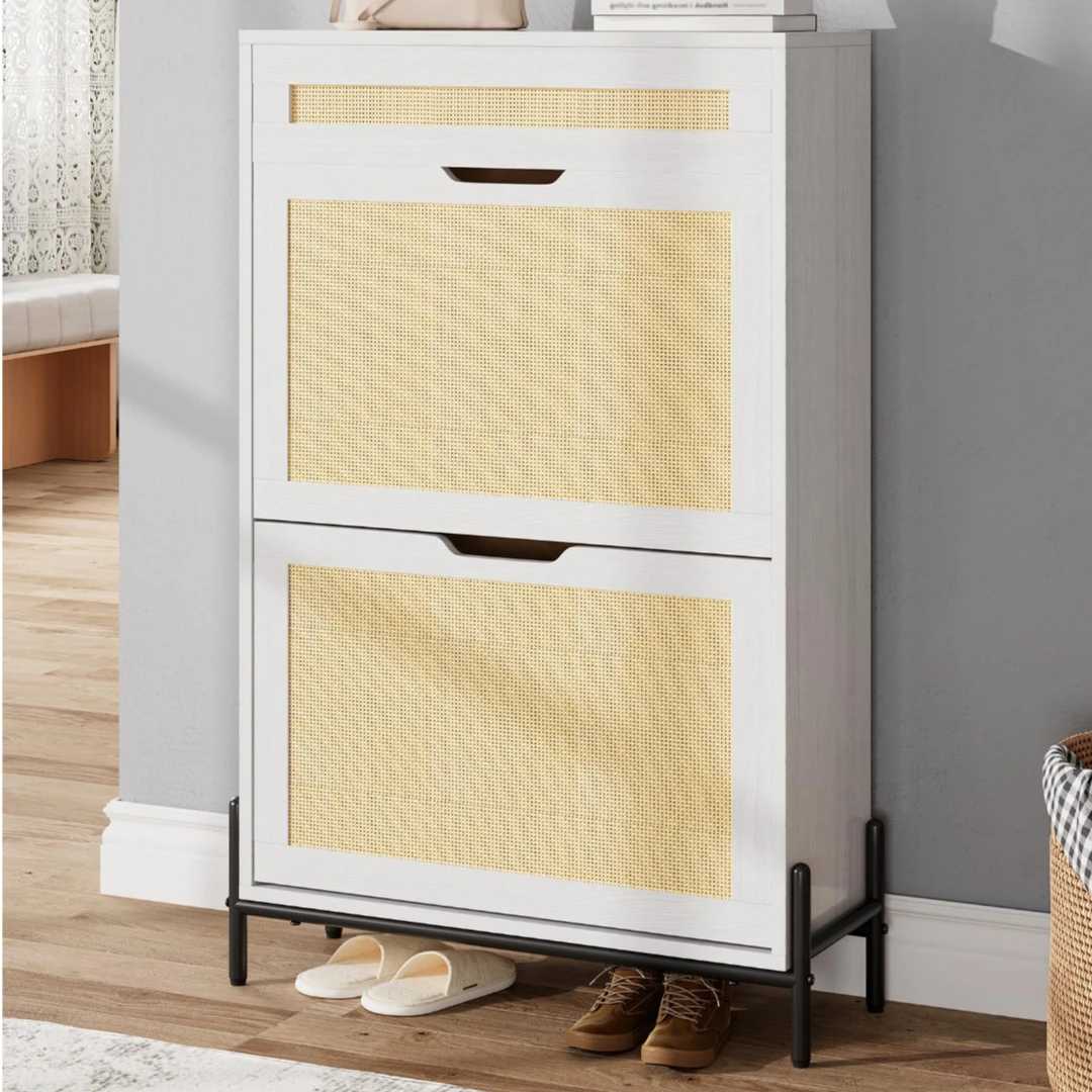 Schmaler Rattan-Schuhschrank mit Klappfächern & verstellbaren Böden – Schmal versteckter Schuh-Organizer für Eingang/Kleine Wohnung (2 Klappfächer + 1 Schubfach)