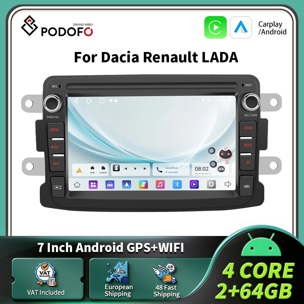 Podofo Für Dacia Renault LADA 7'' Autoradio Carplay Android Auto Smart Car Systems MirrorLink GPS Navigation Multimedia Player WIFI FM BT 2DIN Stereo Image