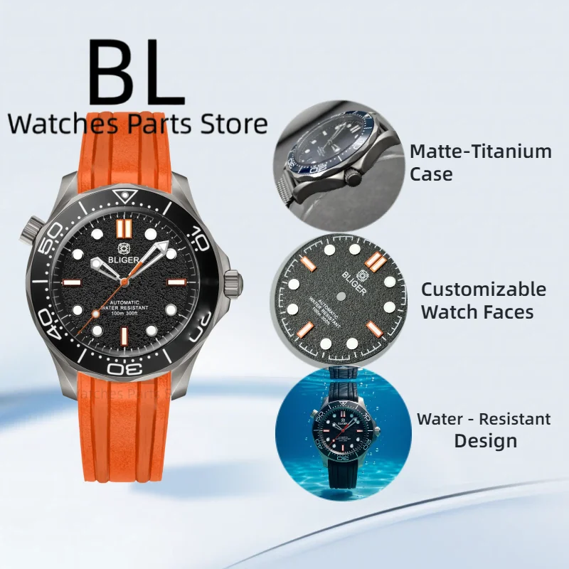BLIGER Vintage Titan BL007 Armbanduhr 41mm Herrenuhr Orange Gummiarmband Mesh-Band Gewölbtes Saphirglas Drehbare Lünette Reloj
