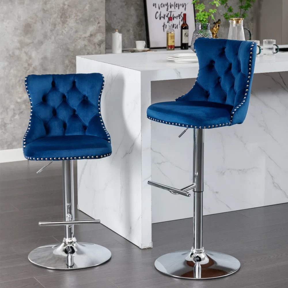 2 Stück blaue Samt-Barhocker, höhenverstellbar von 25 bis 33 Zoll, Chromgestell mit Rückenlehne für Küche und Bar