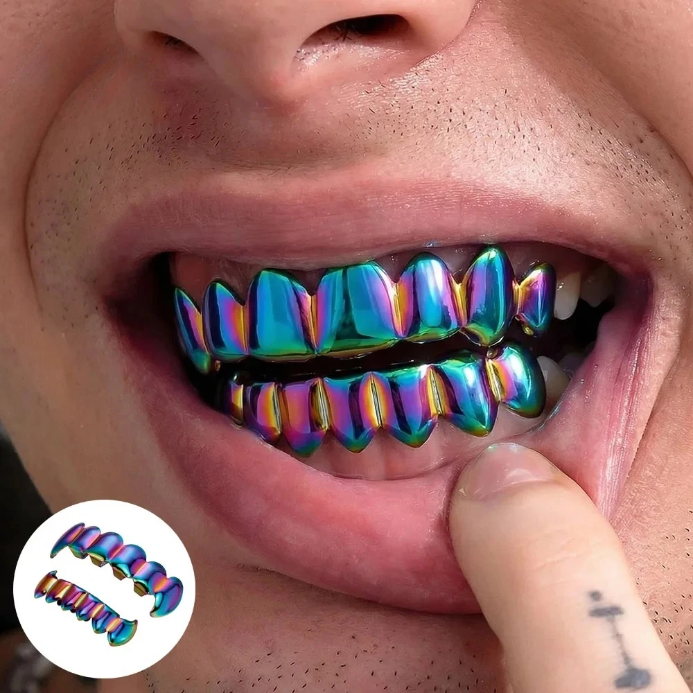 Regenbogenfarbenes Hip-Hop-Grillz-Set für 6-8 Zähne, glatte Oberfläche, gehärtet, für Herren und Damen, Ober- und Unterkiefer, glänzendes Punk-Rapper-Schmuck-Accessoire