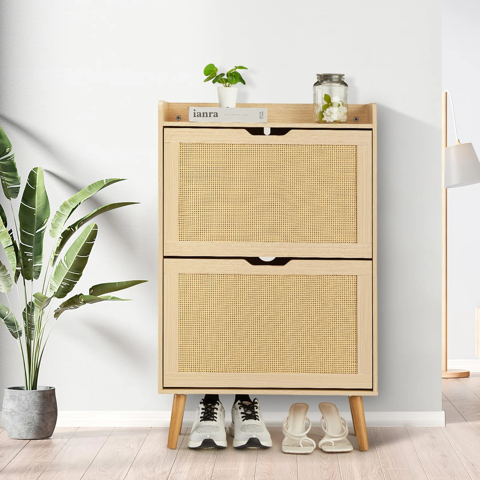 IDEALHOUSE Schuhschrank für den Flur, Rattan-Aufbewahrungsorganizer mit Kipp-Schublade und Kippschutz, Schuhschrank – Hält 15-20 Paar Schuhe für Schrank/Schlafzimmer