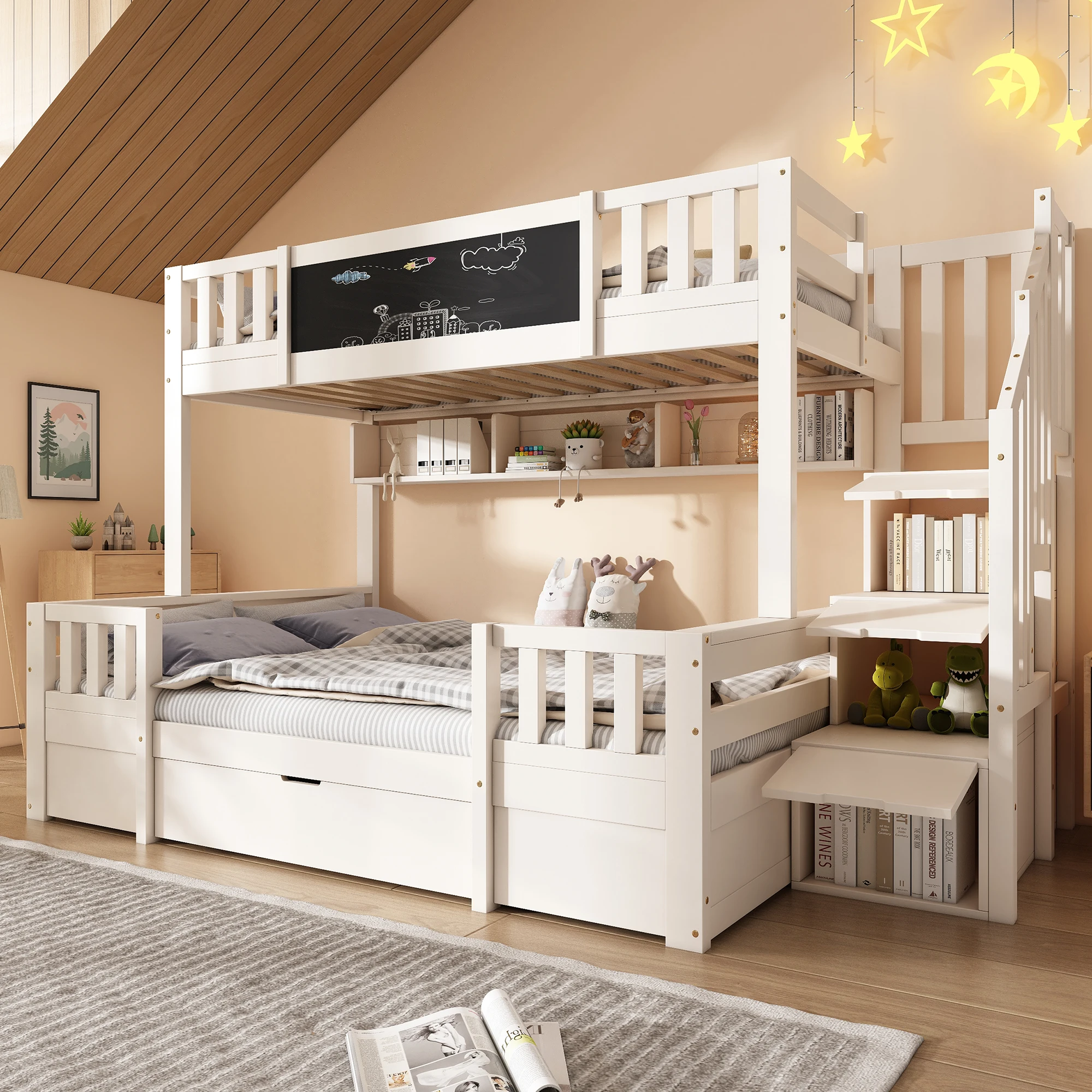 Etagenbett 90×200 cm und 140×200 cm, 3 Schlafplätze – Kleiderschrank, Treppe, Schubladen und Schiefertafel – ohne Matratze – Weiß Image