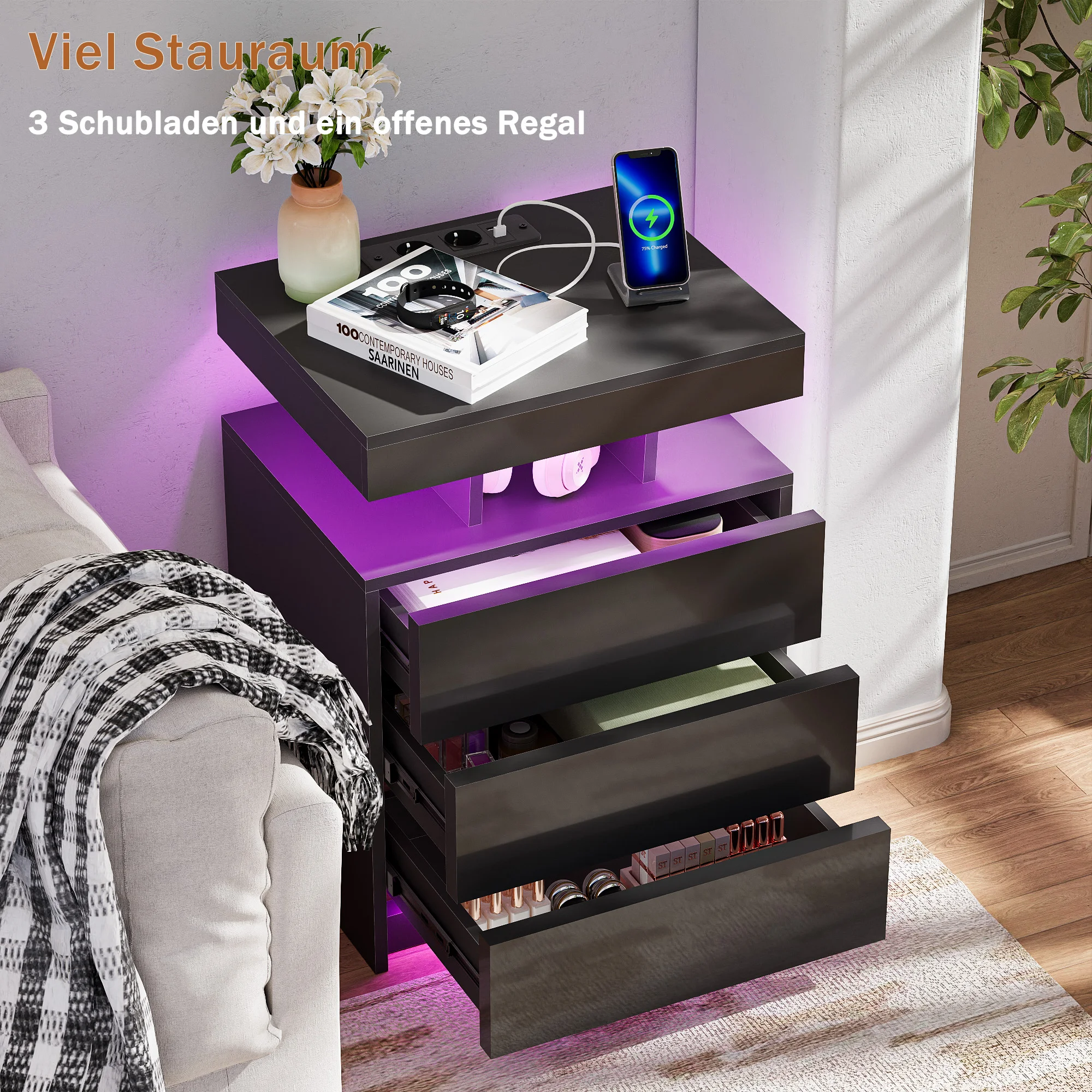 Nachttisch mit 3 Schubladen, moderner Nachttisch mit Bluetooth-Lampenleiste und Ladestation, Schubladen-Nachttisch, platzsparend