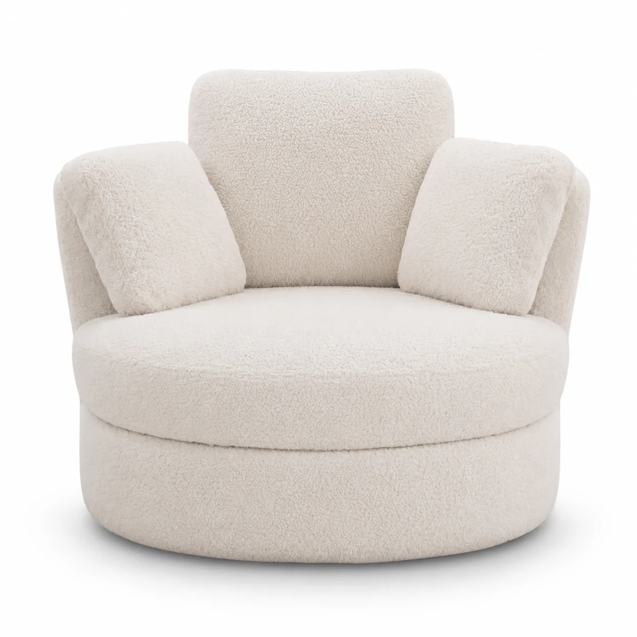 XXL Drehsessel Ivory, Loungesessel mit Sherpa-Bezug, 360° drehbarer Lesesessel mit 3 Kissen, runder Polstersessel mit Taschenfedern für Wohnzimmer & Schlafzimmer