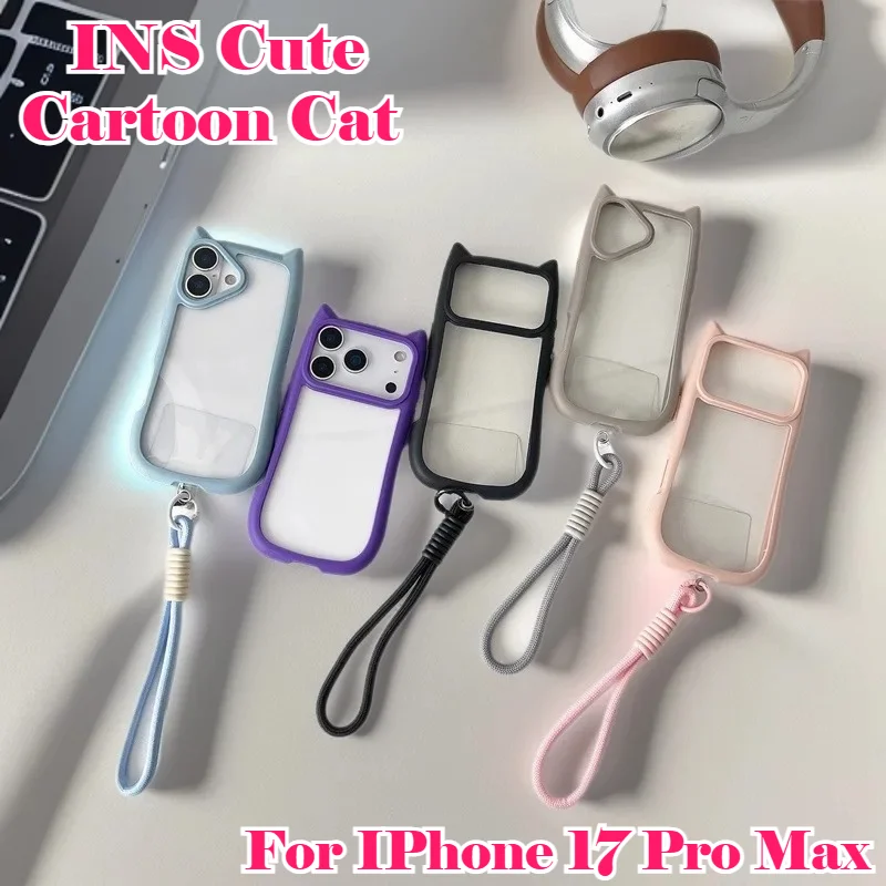 INS Niedliche Cartoon-Katzenohren Transparente Handyhülle für iPhone 17 Air 16 E 15 14 13 12 Mini Pro Max aus Acryl mit Seil TPU Stoßfeste Hülle Image