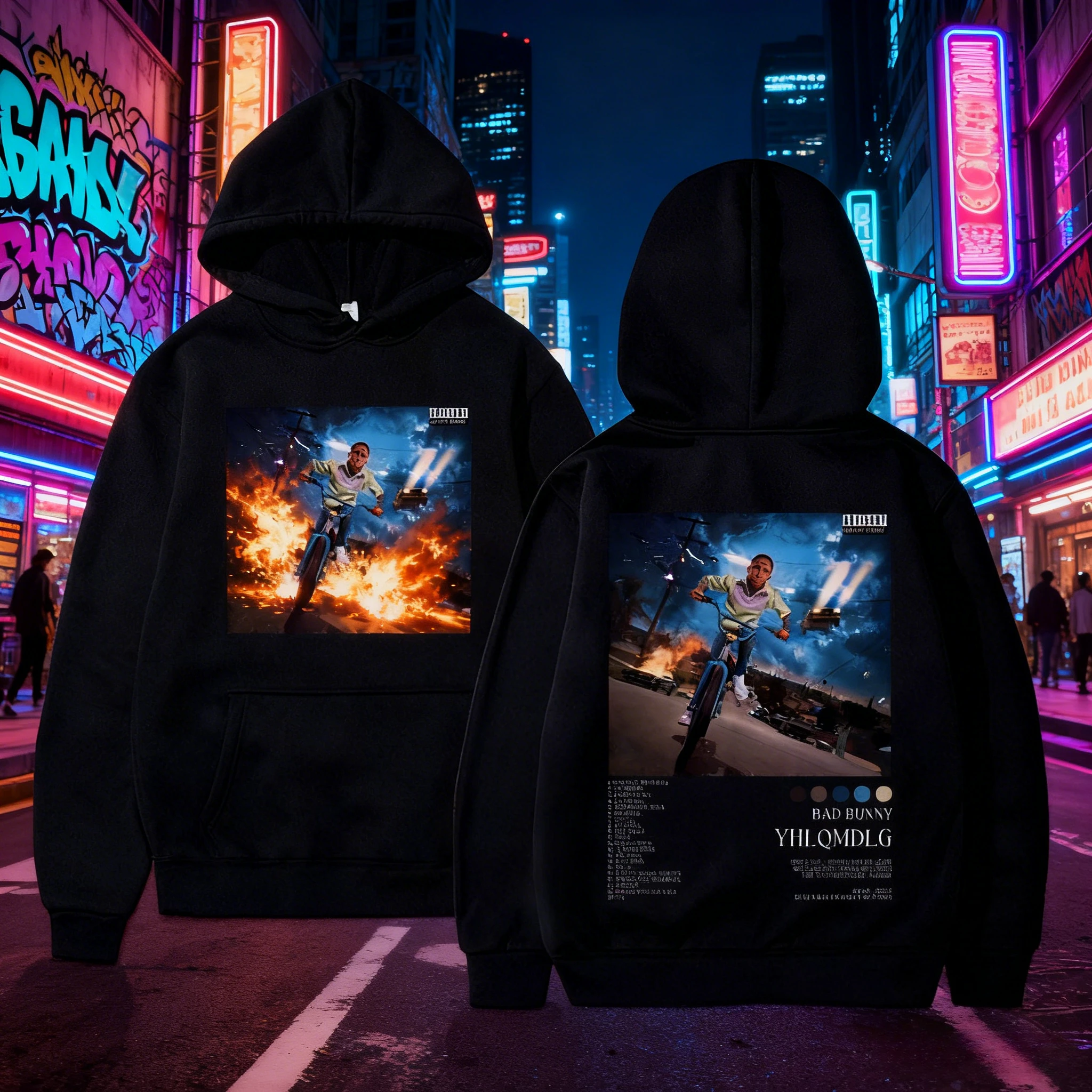 25/26 Herbst und Winter Rap Künstler Bad Bunny YHLQMDLG Musik Album Druck Grafik Männer Hip Hop Harajuku Baumwolle Gedruckt Hoodie Y2k