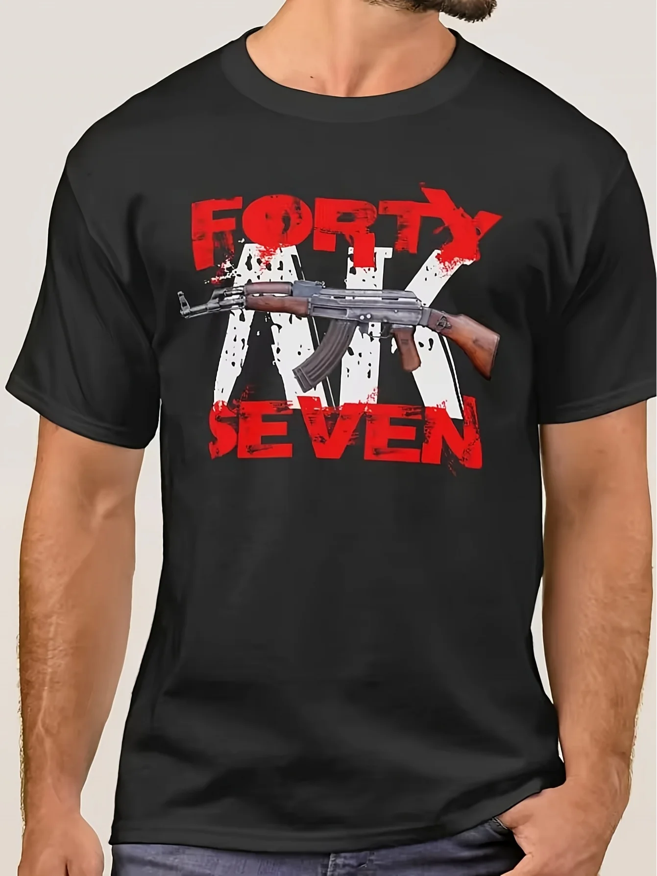 AK-47 Sturmgewehr T-Shirt mit AK-47 Schriftzug, 100% Baumwolle, Rundhalsausschnitt, Sommer Kurzarm Casual Herren T-Shirt, Größe