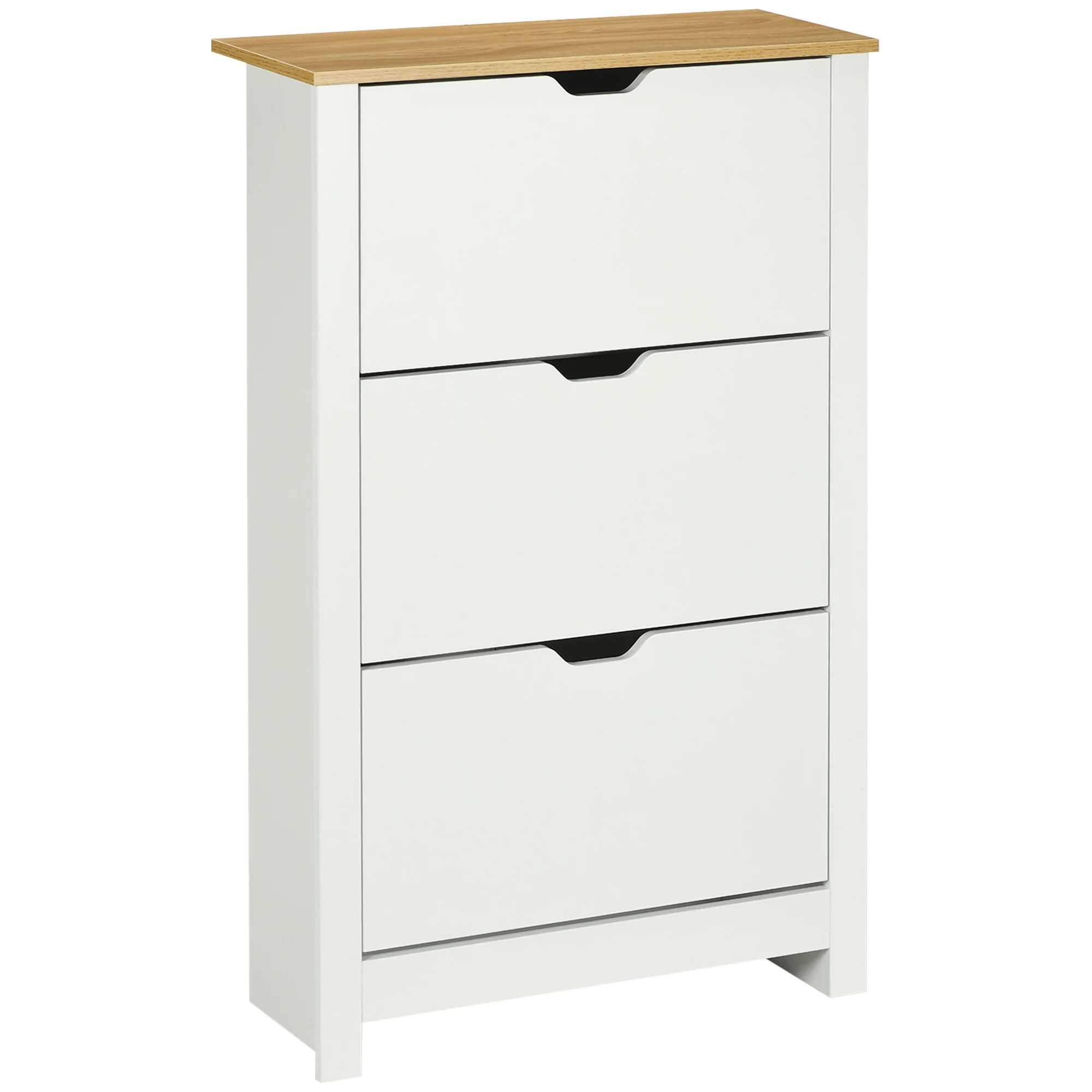 Schuhschrank mit 3 Klapptüren für 18 Paar Schuhe, platzsparendes Design in Weiß und Naturfarben, 72 x 26 x 112 cm.