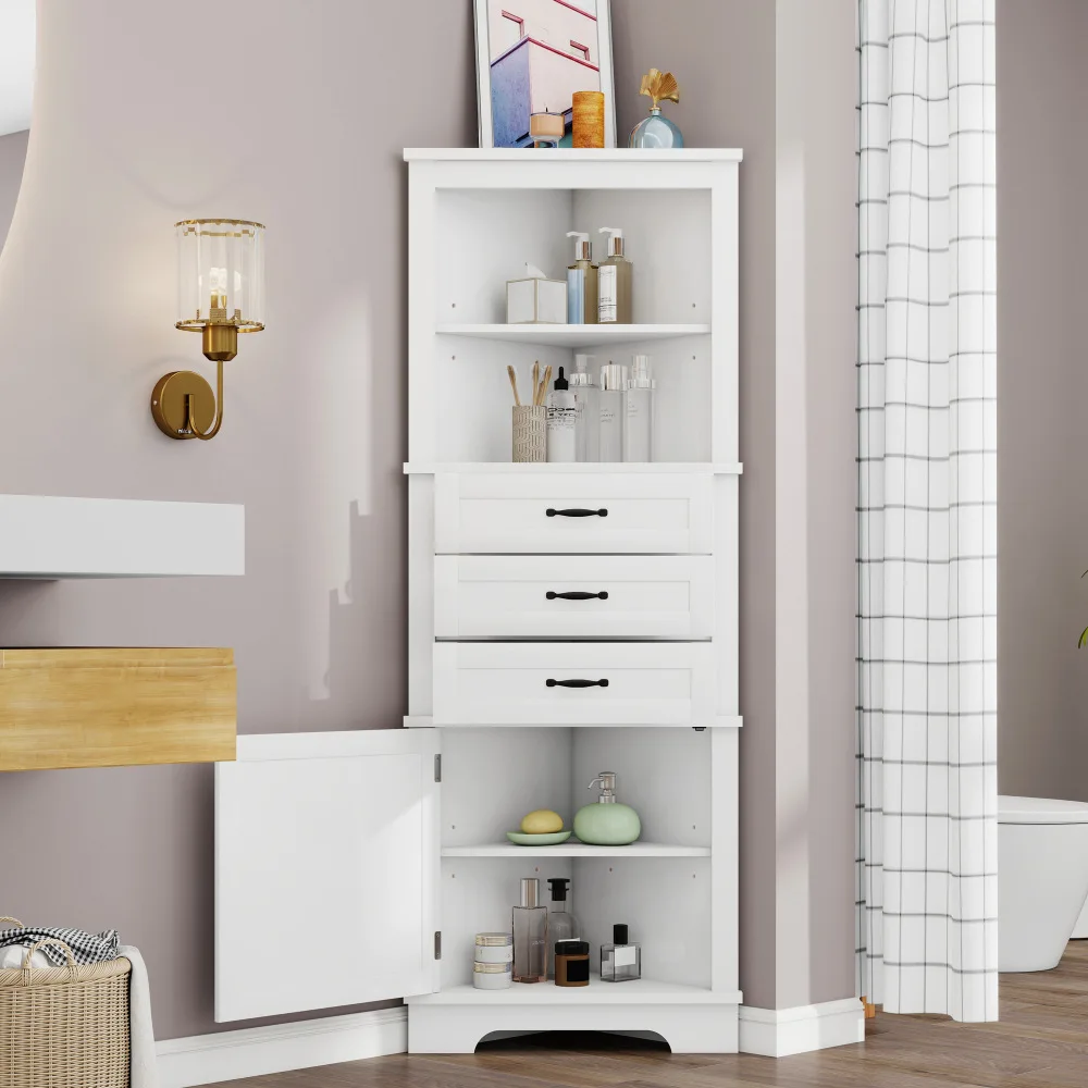 57,7×46×167,5 cm großer weißer Badezimmer-Eckschrank, 2 offene Ablagen, 3 Schubladen, verstellbare Bodenplatten, schwarze Griffe