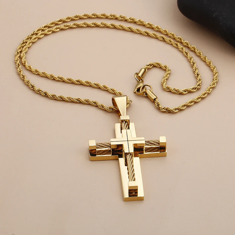 Edelstahl Draht kette große Biker Kreuz Kruzifix Anhänger Halskette Seil Kette Männer Frauen Punk Mode Geschenk 4mm 22 inch
