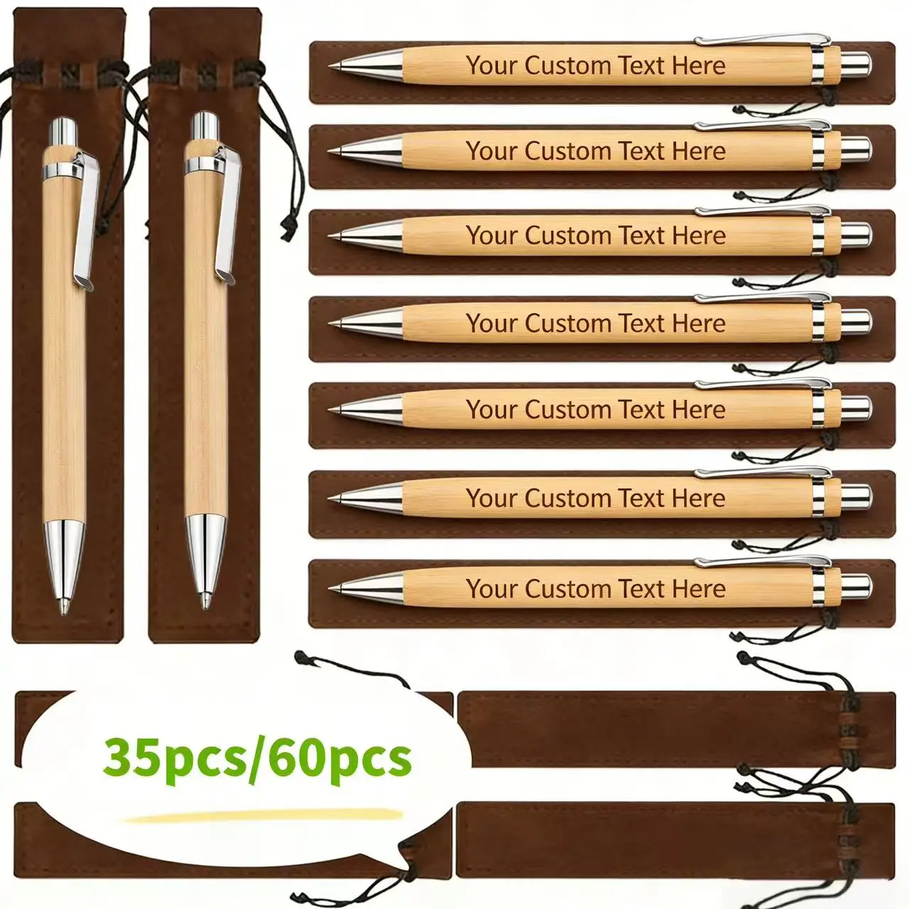 35/60 Stück anpassbare Kugelschreiber aus Bambus, personalisierte runde Stifte aus Holz mit braunen Beuteln, elegante Geschenke für Hochzeit und Verlobung Image