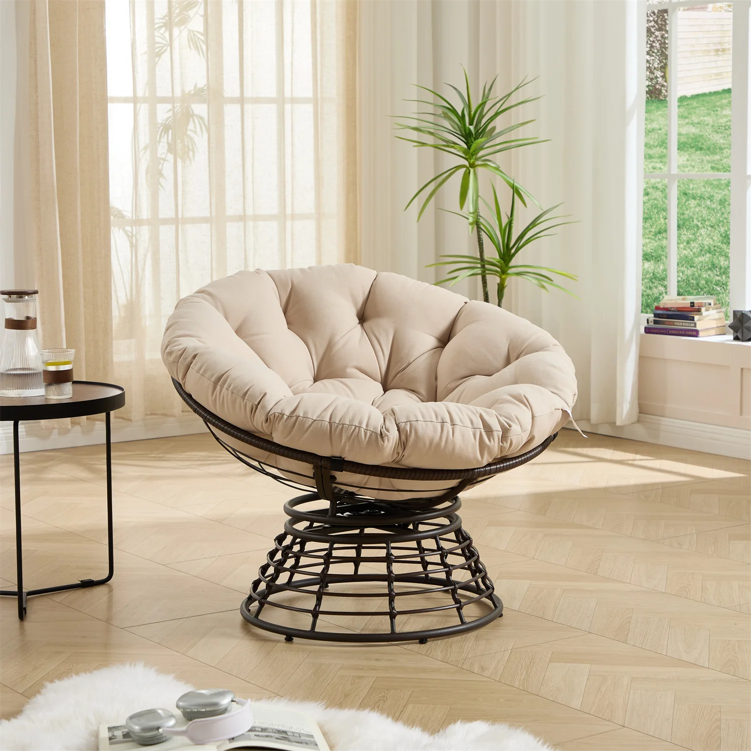 360 ° Drehbarer Rattan-Sessel für Innen und Außen mit Weichem, Dickem Kissen, Loungesessel für Wohnzimmer, Schlafzimmer, Lesezimmer Image