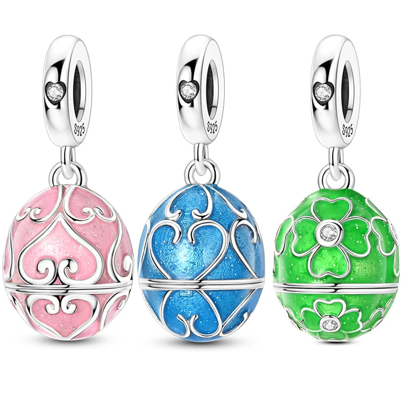 925 Sterling Silber Rosa Krallenabdruck Osterei-Anhänger Funkelnde CZ Zirkon Perle Passend für Original-Armband DIY Damenschmuck Image