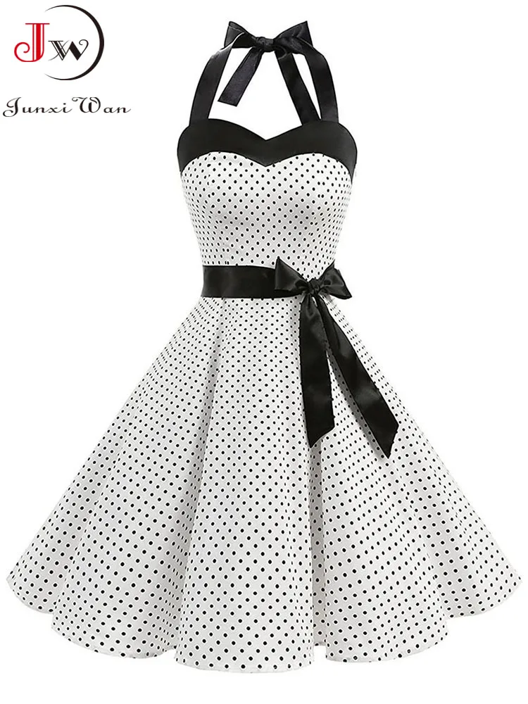Frauen Polka Dot Print Sommer Kleid Sexy Retro Weiß Halter Vintage Kleid Robe Femme Pin Up Rockabilly Party Kleid