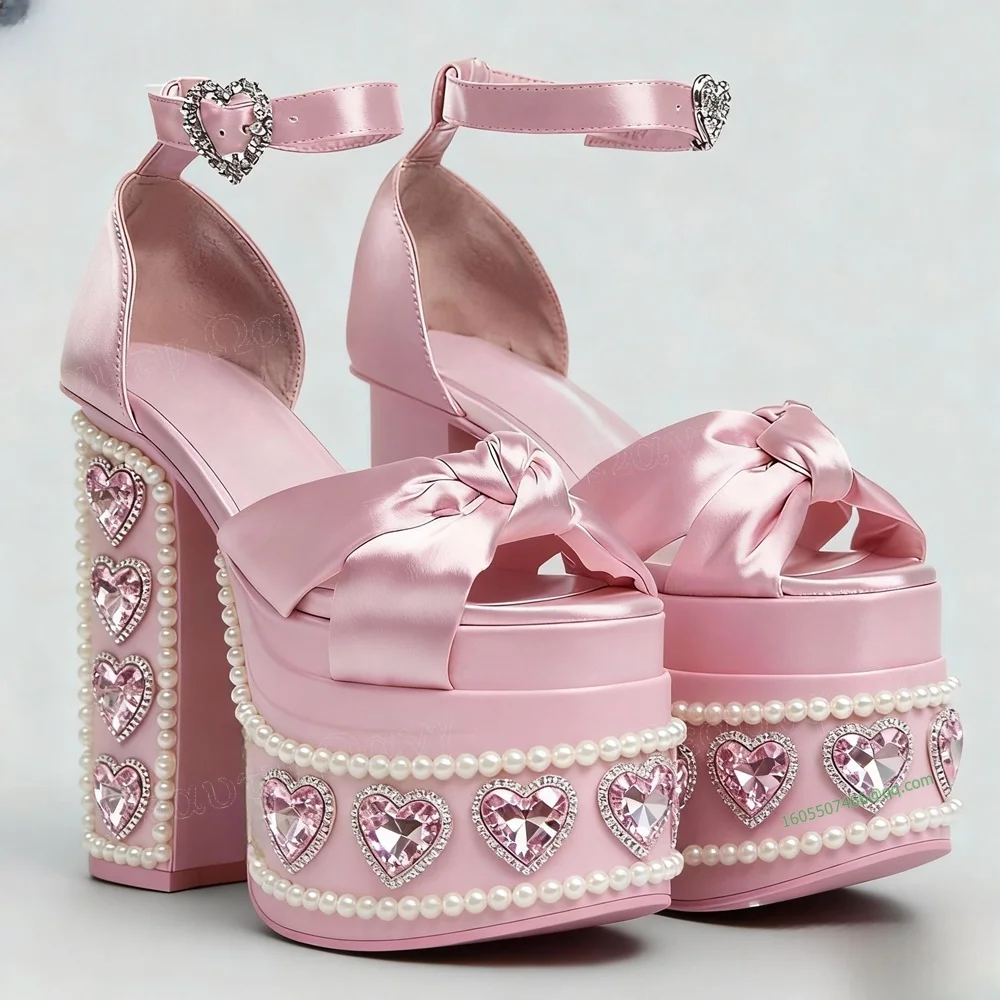Rosa Kristall Herz Dekor Plattform Pumpen Perle Dekor Chunky Ferse Runde Kappe Hohe Schuhe für Frauen Heels Schuhe Zapatos Para Mujere