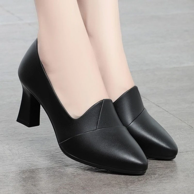 Damen-Pumps mit spitzer Zehenpartie, klobigen Blockabsätzen, zum Hineinschlüpfen, für Büro und Karriere, V-Cut, matt, glatt, klassisch, elegant, bequemes Schuhwerk