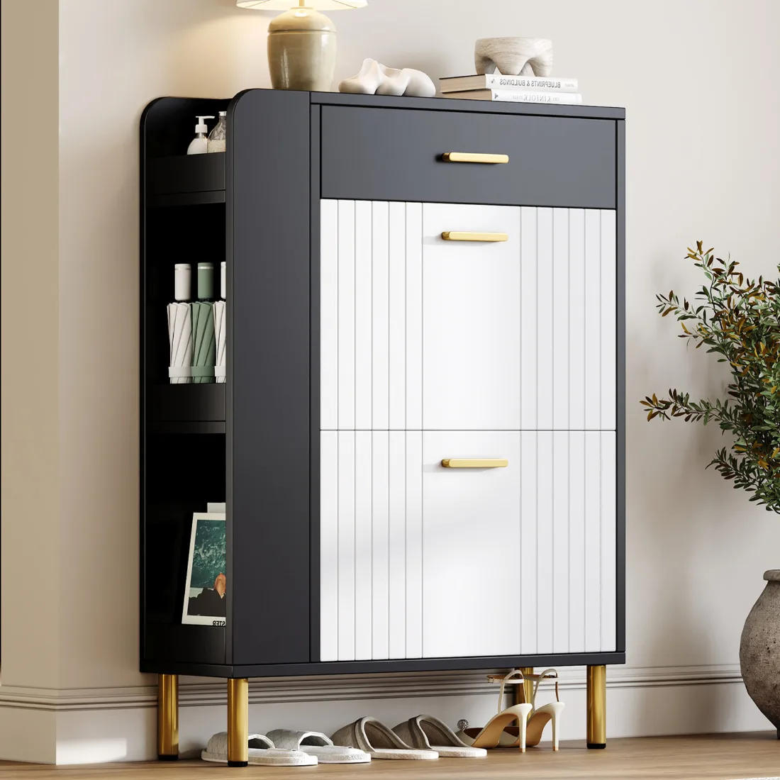 Schmaler schwarz-weißer Schuhschrank 80×24×105cm, 2 Türen, 1 Schublade und 3 offene Regale, freistehend für Flur/Eingangsbereich.
